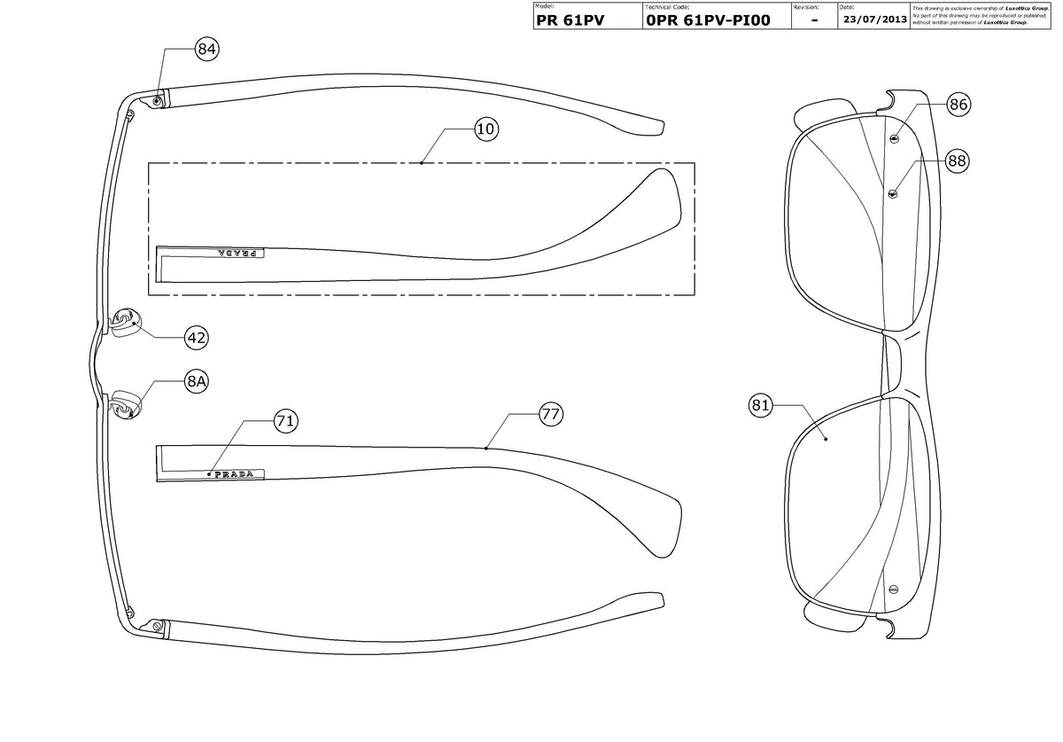 Exploded technical drawing of the Prada PR 61PV Glasses Replacement Parts, with each replacement part numbered
