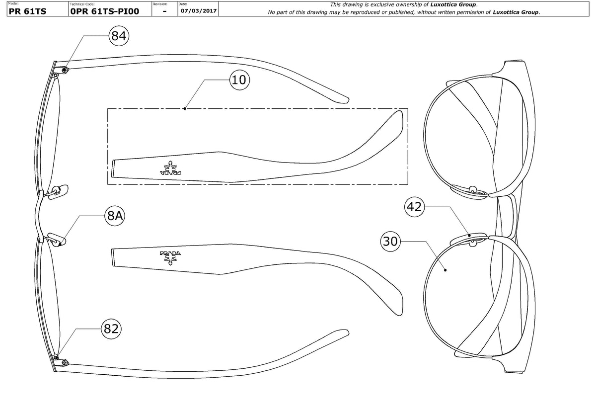 Enlarged technical drawing of the Prada PR 61TS Replacement Parts