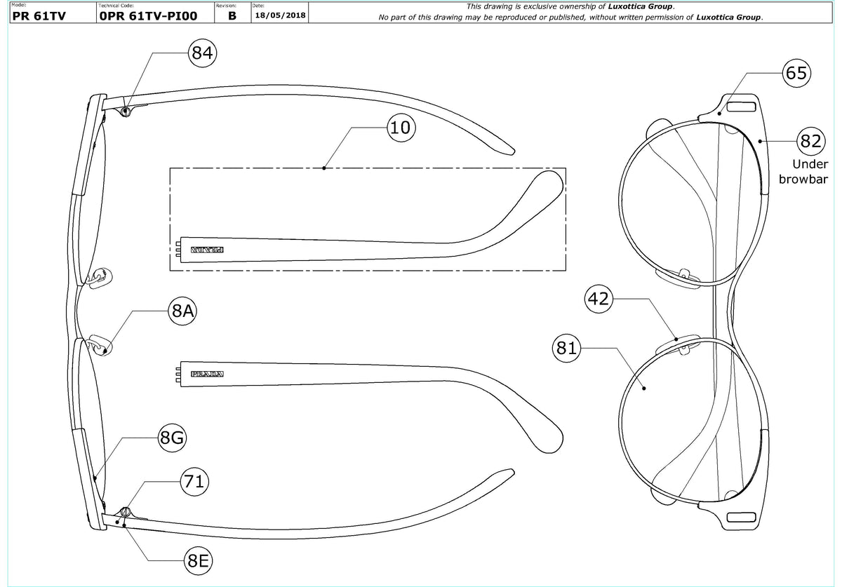 Exploded technical drawing of the Prada PR 61TV Glasses Replacement Parts, with each replacement part numbered
