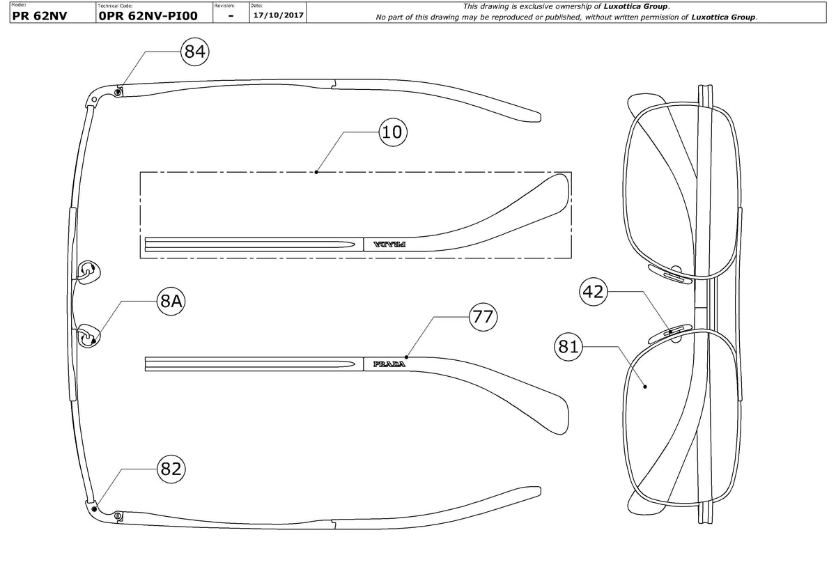 Exploded technical drawing of the Prada PR 62NV Glasses Replacement Parts, with each replacement part numbered