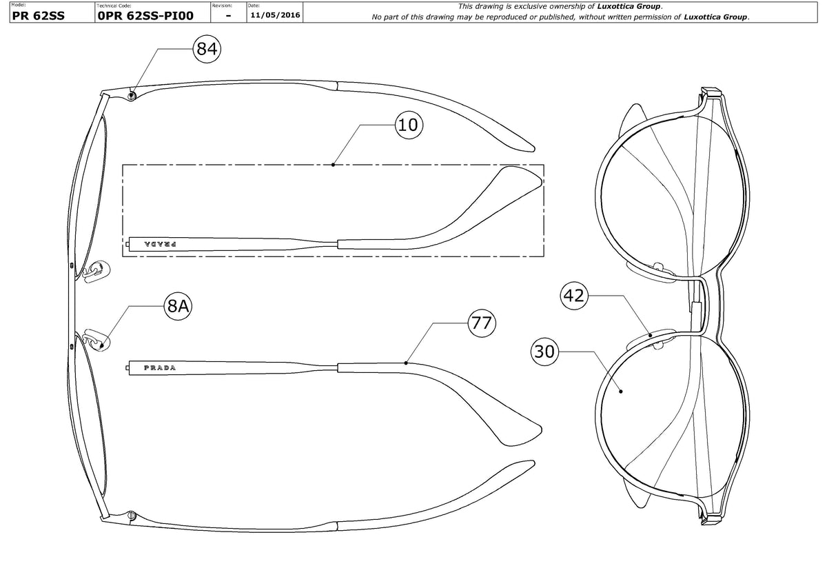 Enlarged technical drawing of the Prada PR 62SS Replacement Parts