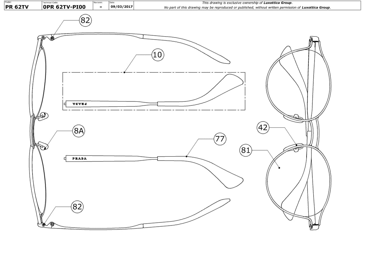 Exploded technical drawing of the Prada PR 62TV Glasses Replacement Parts, with each replacement part numbered