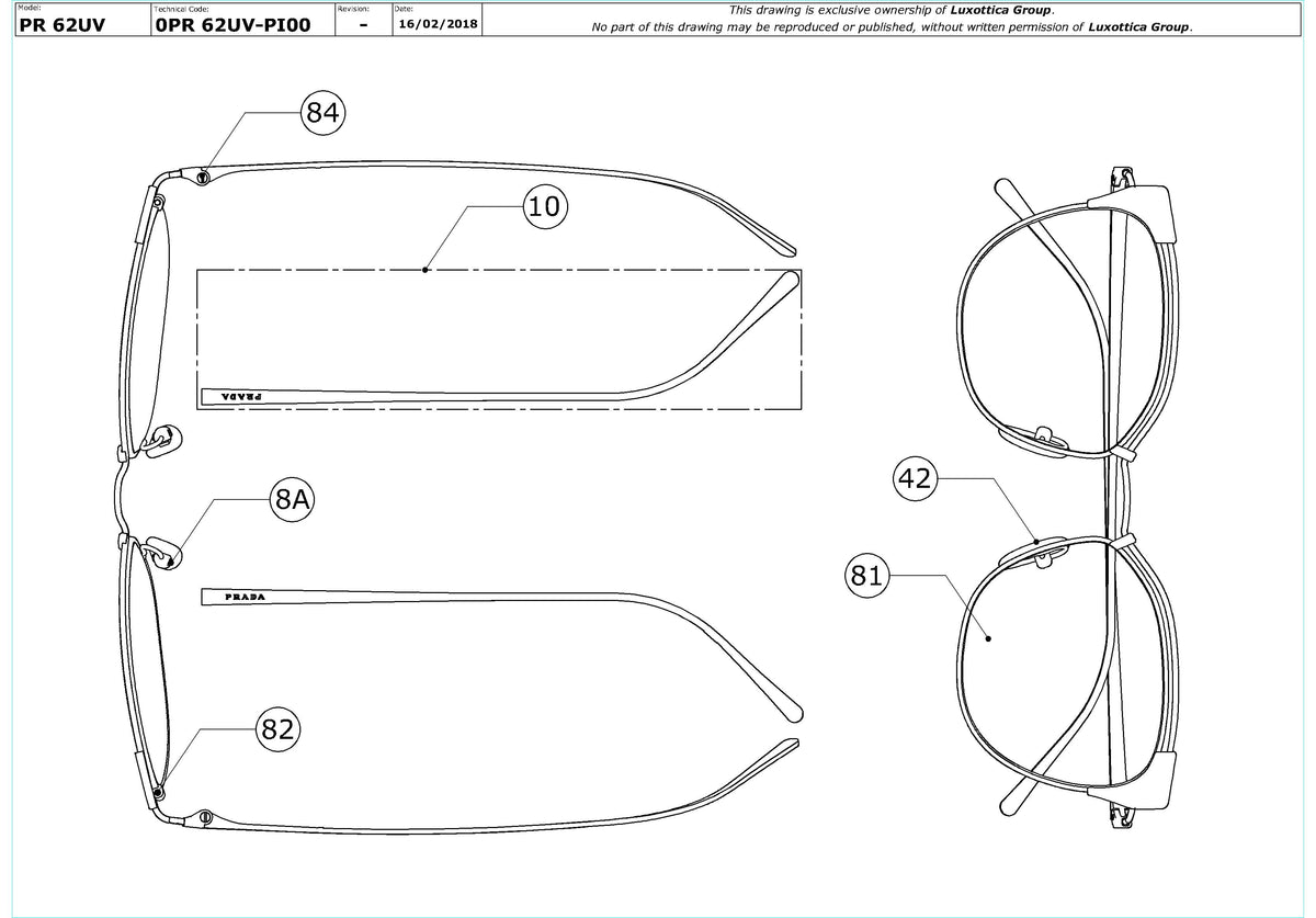 Exploded technical drawing of the Prada PR 62UV Glasses Replacement Parts, with each replacement part numbered