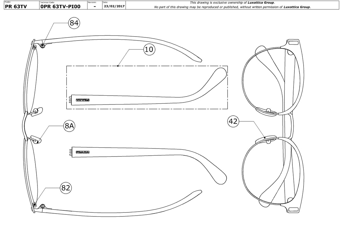 Exploded technical drawing of the Prada PR 63TV Glasses Replacement Parts, with each replacement part numbered