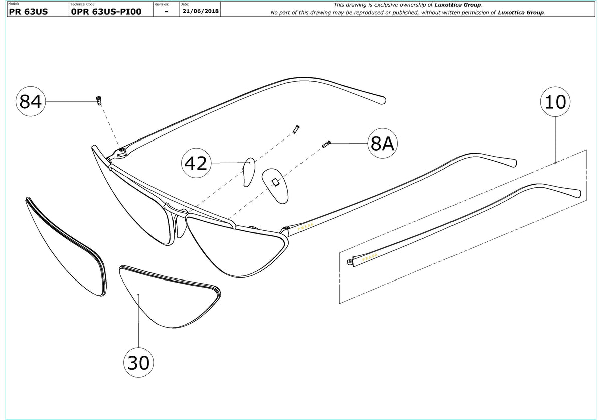Enlarged technical drawing of the Prada PR 63US Replacement Parts
