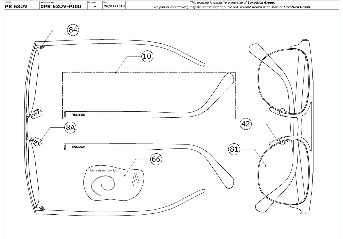 Exploded technical drawing of the Prada PR 63UV Glasses Replacement Parts, with each replacement part numbered