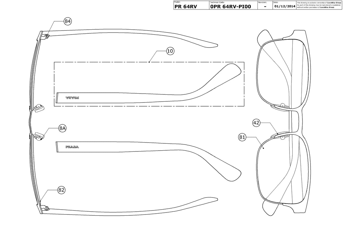 Exploded technical drawing of the Prada PR 64RV Glasses Replacement Parts, with each replacement part numbered