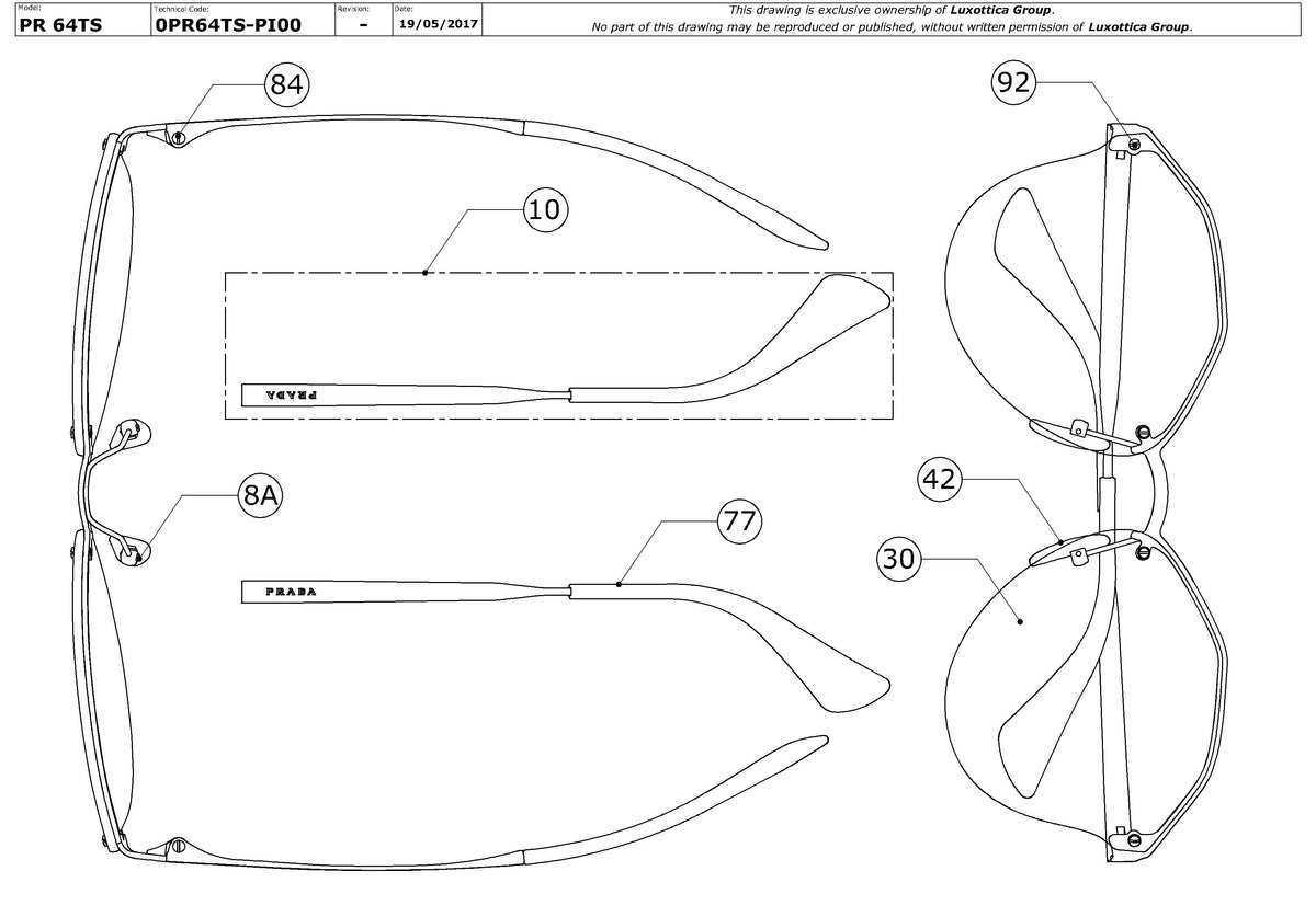 Enlarged technical drawing of the Prada PR 64TS Replacement Parts