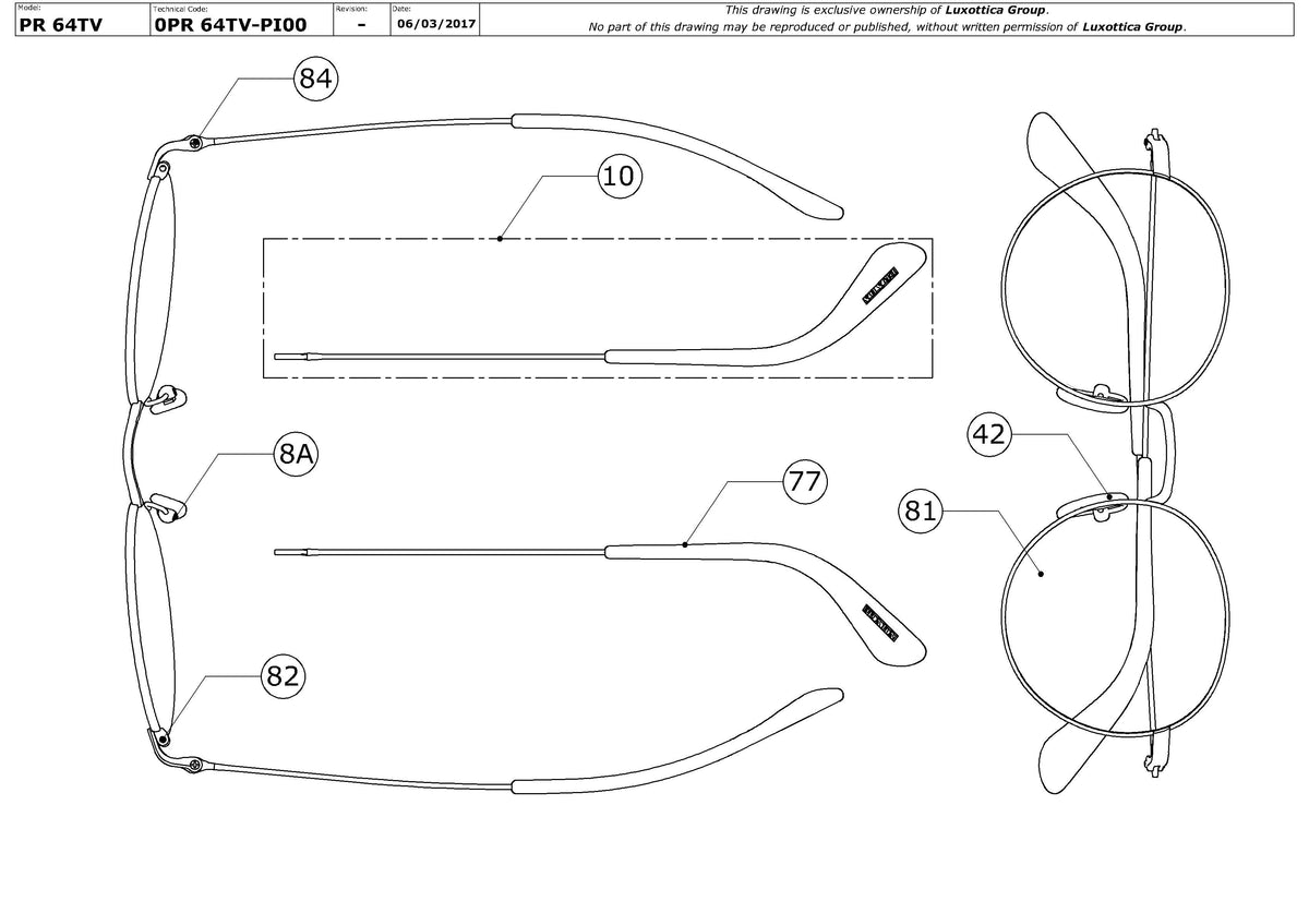 Exploded technical drawing of the Prada PR 64TV Glasses Replacement Parts, with each replacement part numbered