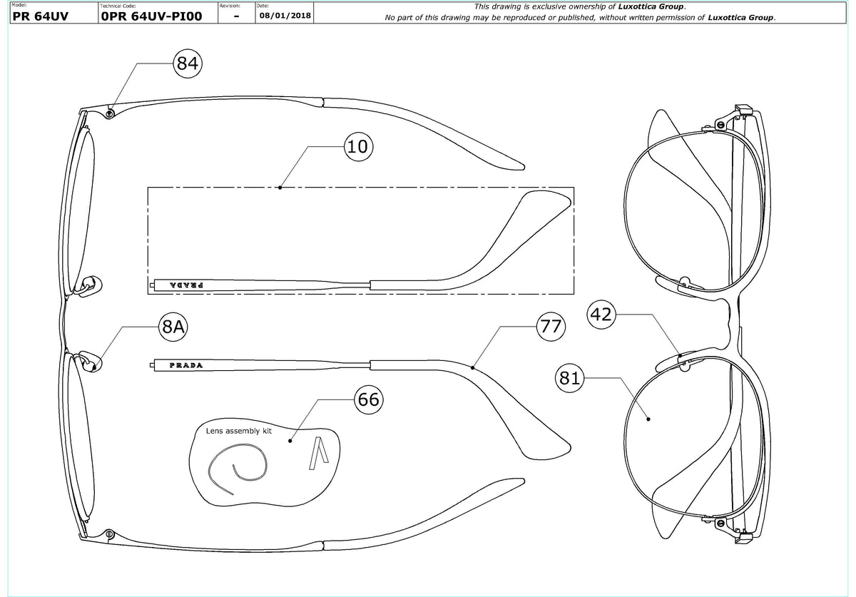 Enlarged technical drawing of the Prada PR 64UV Glasses Replacement Parts