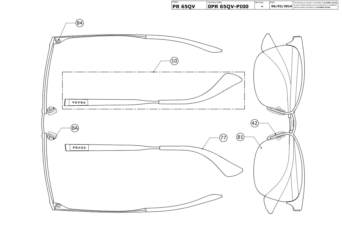 Exploded technical drawing of the Prada PR 65QV Glasses Replacement Parts, with each replacement part numbered