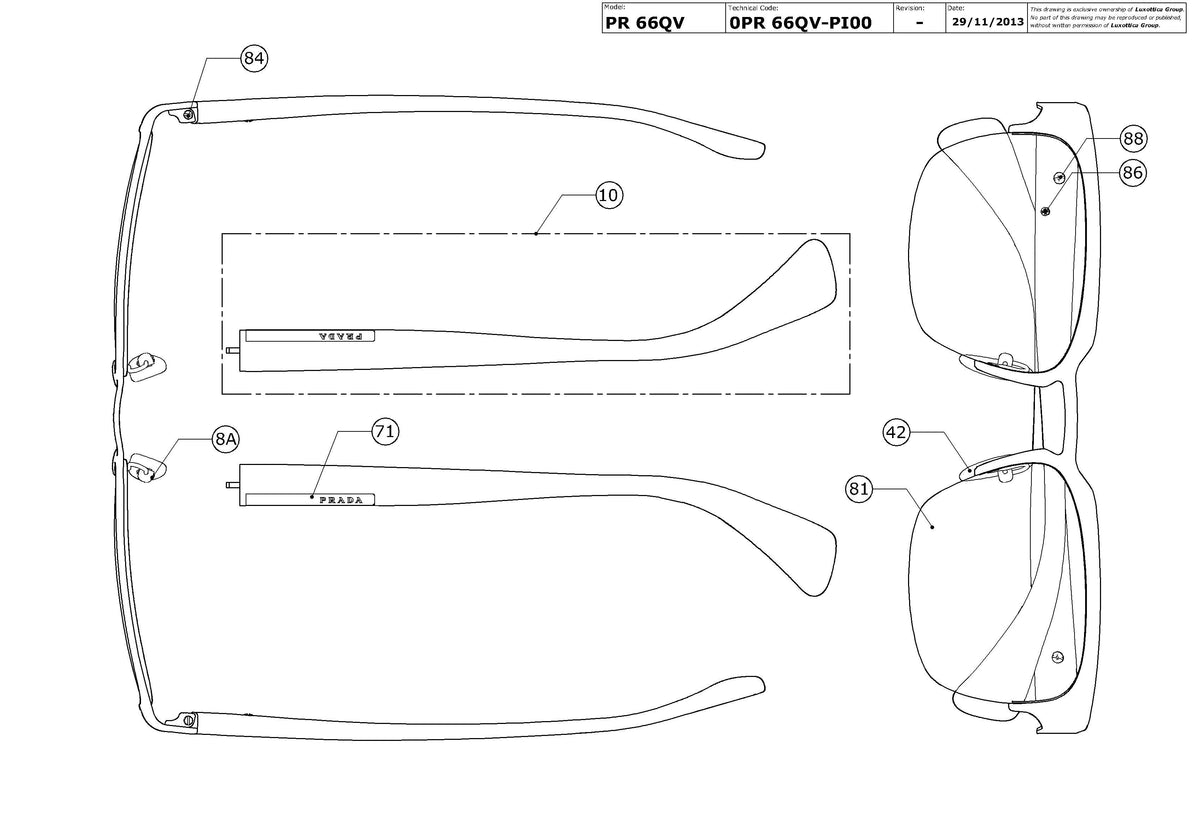 Exploded technical drawing of the Prada PR 66QV Glasses Replacement Parts, with each replacement part numbered
