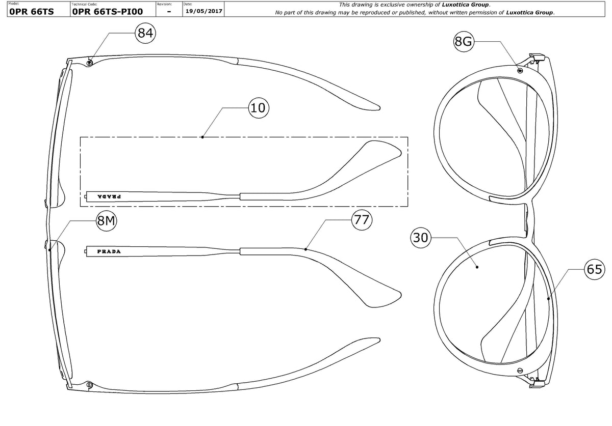 Exploded technical drawing of the Prada PR 66TS Replacement Parts, with each replacement part numbered