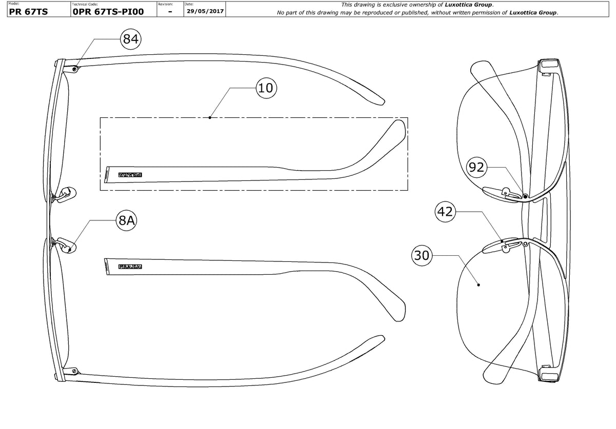 Exploded technical drawing of the Prada PR 67TS Replacement Parts, with each replacement part numbered