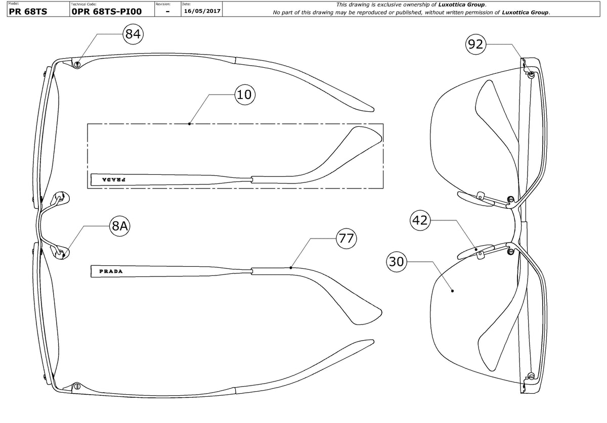 Exploded technical drawing of the Prada PR 68TS Replacement Parts, with each replacement part numbered