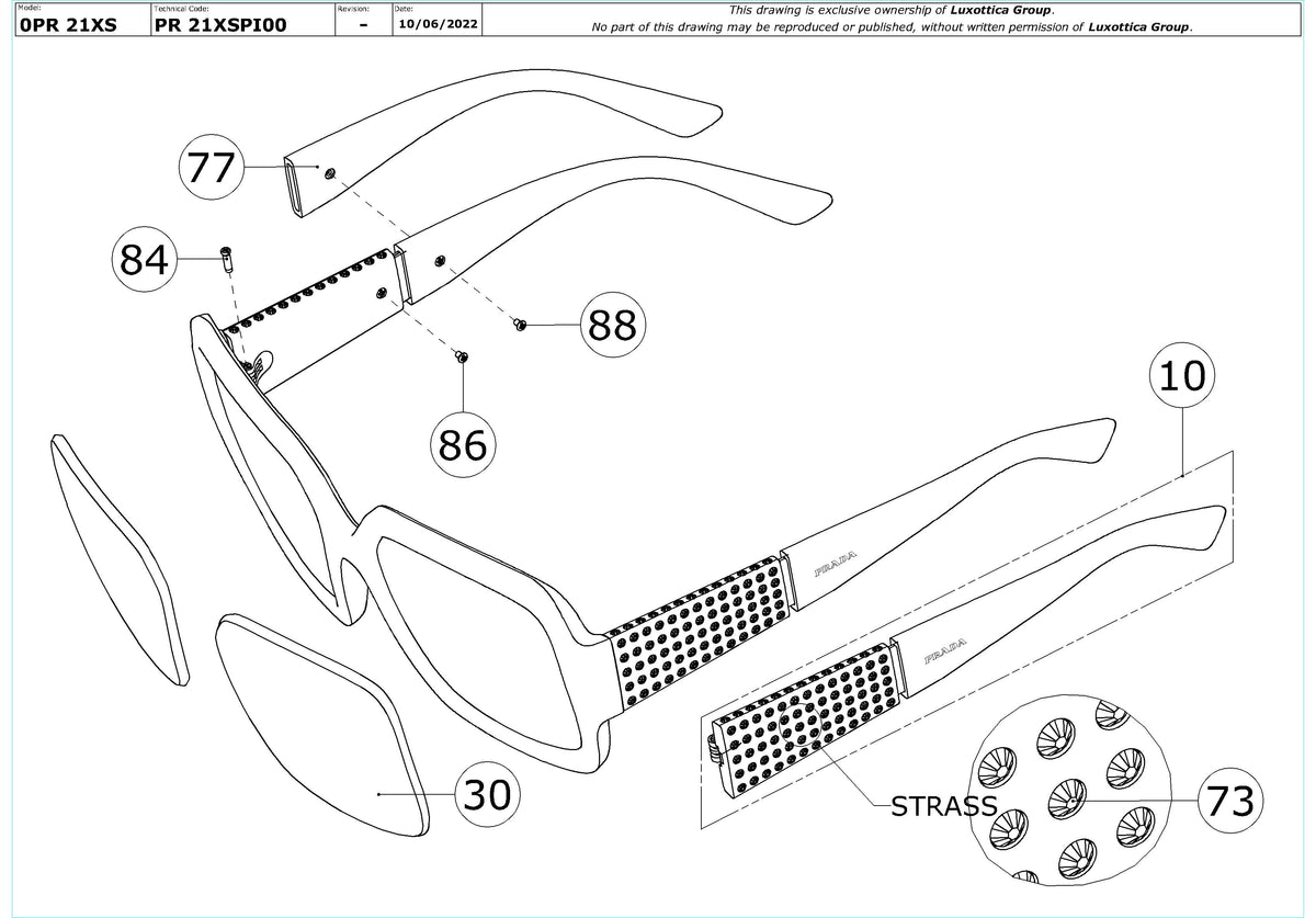 Enlarged technical drawing of the Prada PR 21XS Replacement Parts