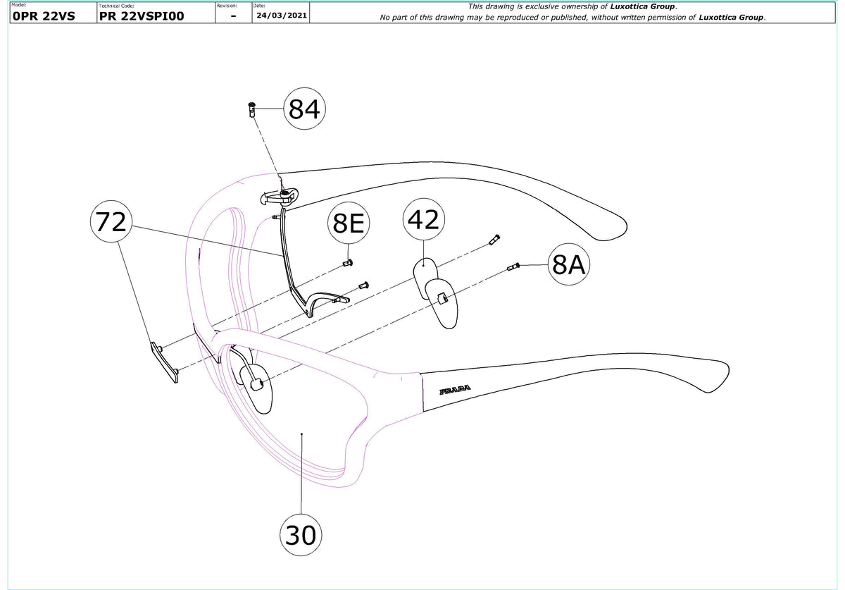 Exploded technical drawing of the Prada PR 22VS Replacement Parts, with each replacement part numbered