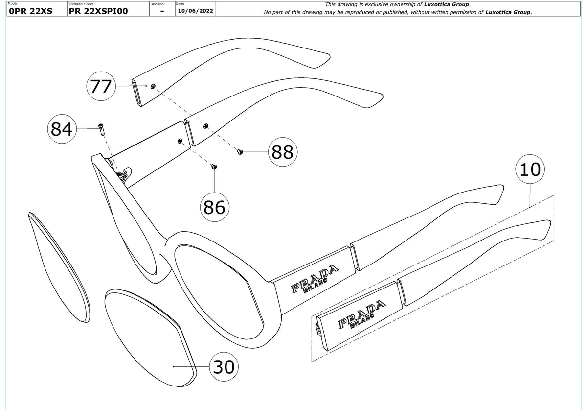 Exploded technical drawing of the Prada PR 22XS Replacement Parts, with each replacement part numbered