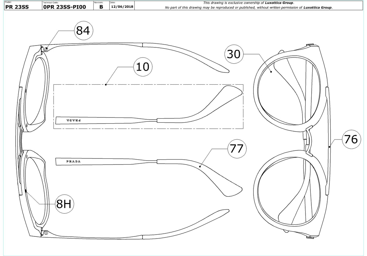Enlarged technical drawing of the Prada PR 23SS Replacement Parts