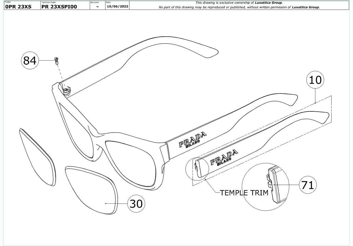 Enlarged technical drawing of the Prada PR 23XS Replacement Parts
