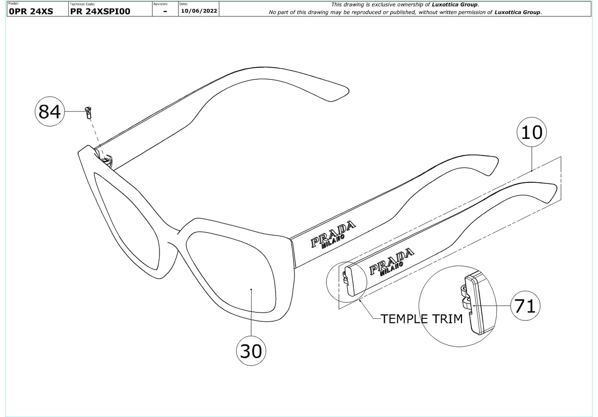 Exploded technical drawing of the Prada PR 24XS Replacement Parts, with each replacement part numbered