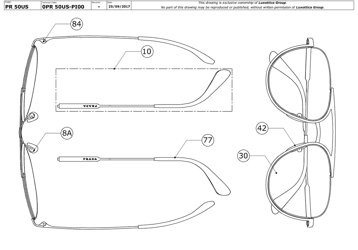 Exploded technical drawing of the Prada PR 50US Replacement Parts, with each replacement part numbered