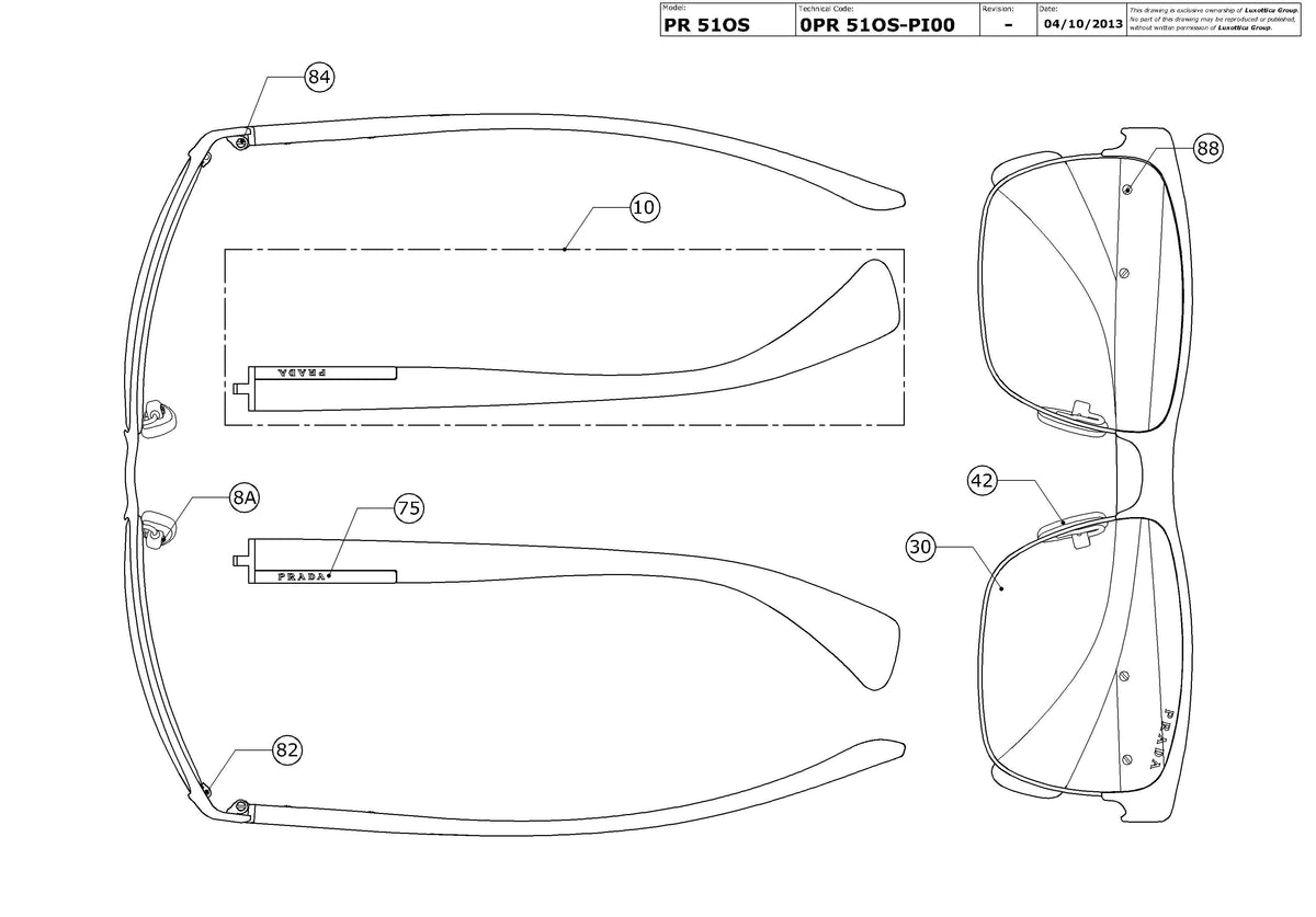 Enlarged technical drawing of the Prada PR 51OS Replacement Parts