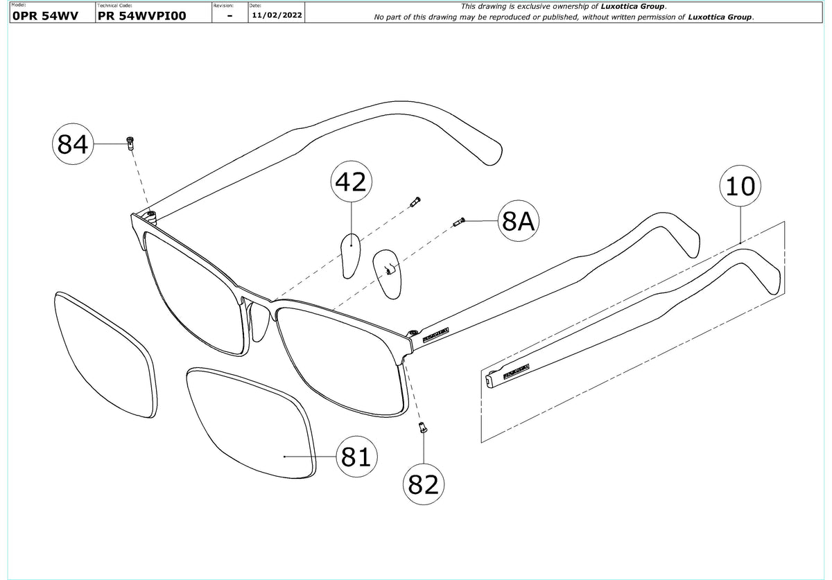 Enlarged technical drawing of the Prada PR 54WV Glasses Replacement Parts