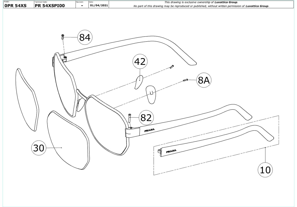 Enlarged technical drawing of the Prada PR 54XS Replacement Parts