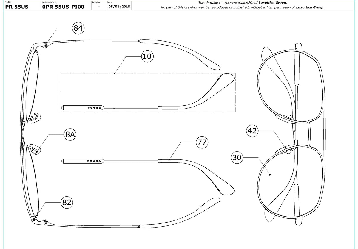 Enlarged technical drawing of the Prada PR 55US Replacement Parts