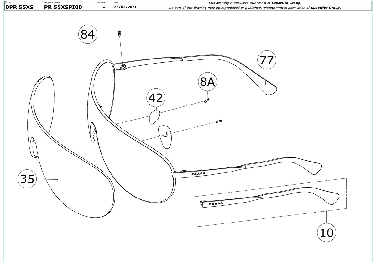 Exploded technical drawing of the Prada PR 55XS Replacement Parts, with each replacement part numbered