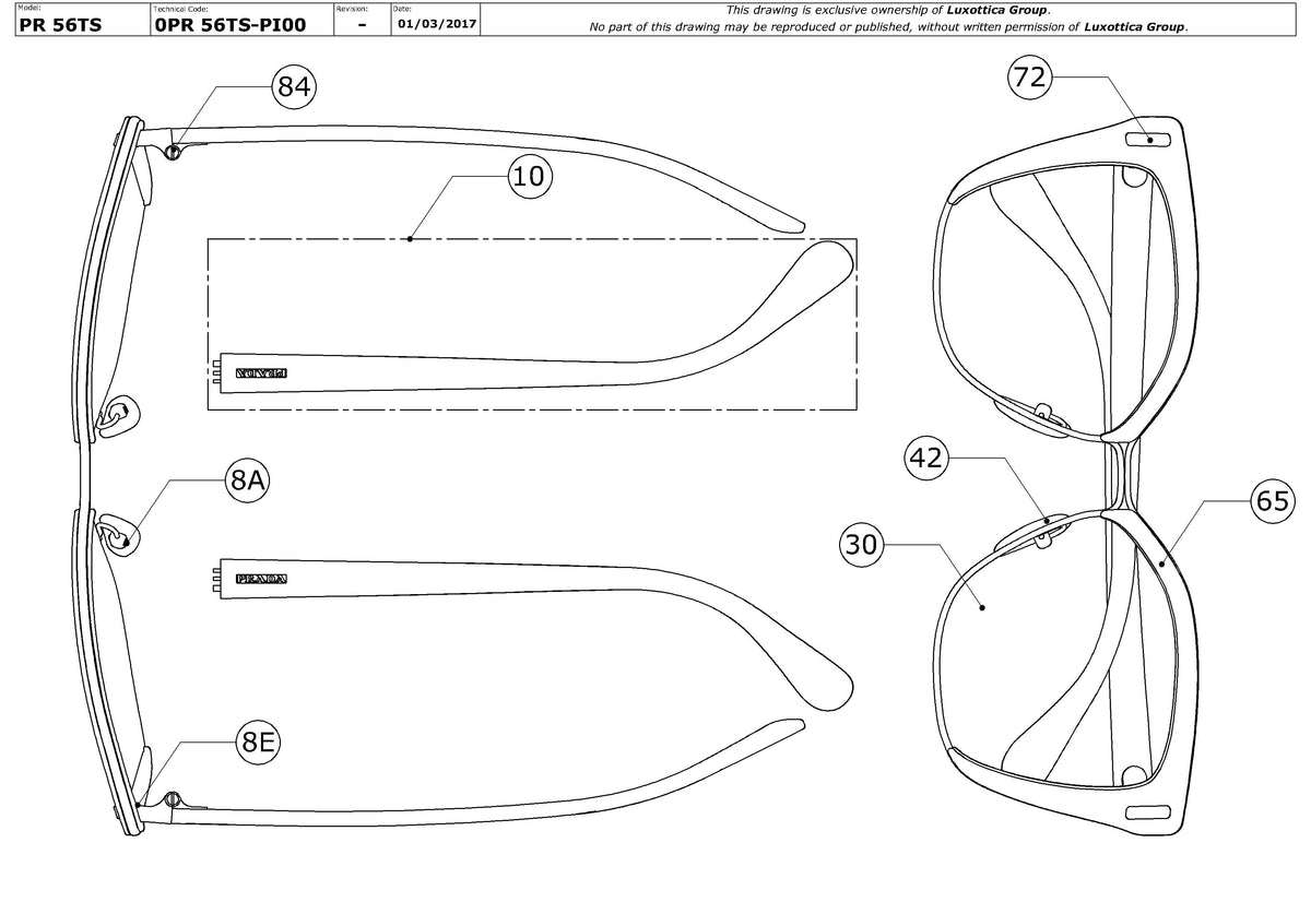 Enlarged technical drawing of the Prada PR 56TS Replacement Parts