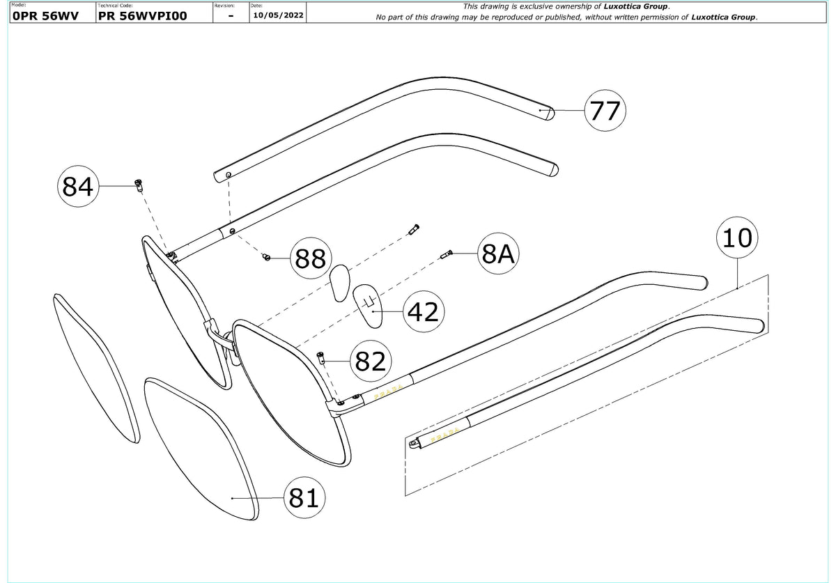 Exploded technical drawing of the Prada PR 56WV Glasses Replacement Parts, with each replacement part numbered