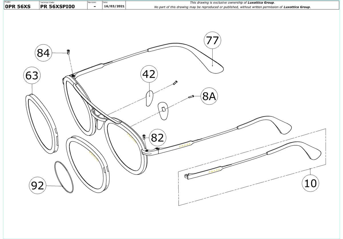 Enlarged technical drawing of the Prada PR 56XS Replacement Parts