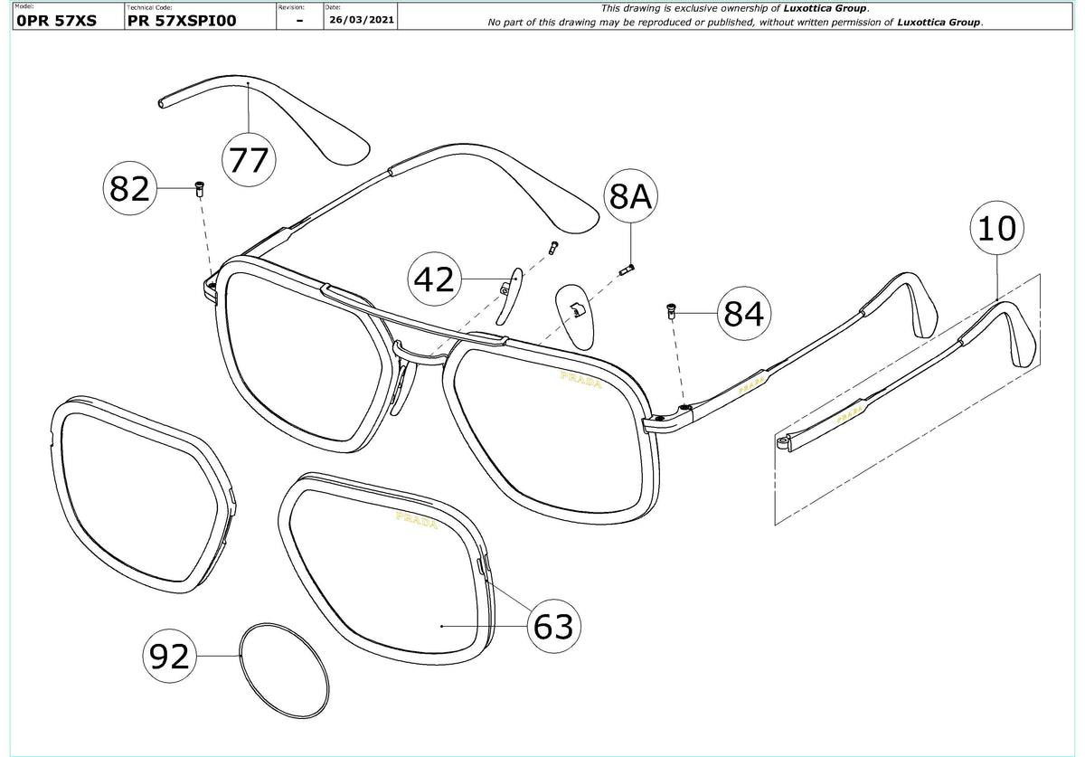 Enlarged technical drawing of the Prada PR 57XS Replacement Parts