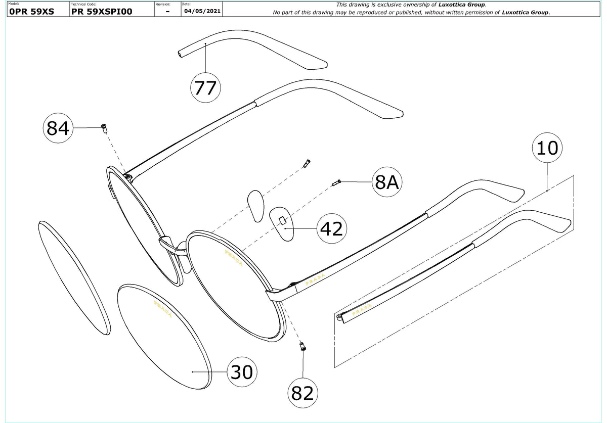 Exploded technical drawing of the Prada PR 59XS Replacement Parts, with each replacement part numbered