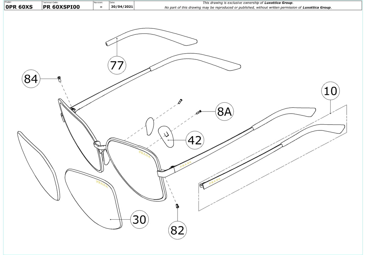 Exploded technical drawing of the Prada PR 60XS Replacement Parts, with each replacement part numbered