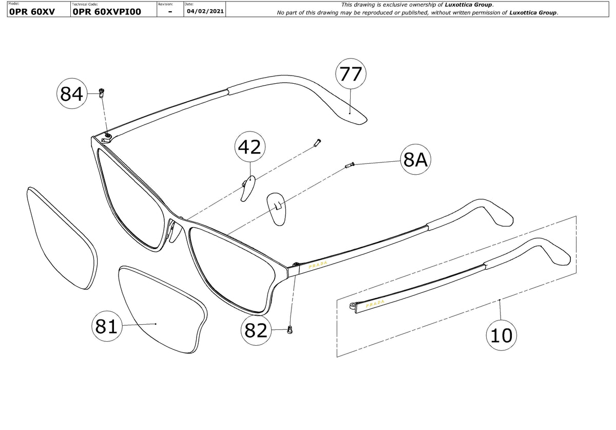 Enlarged technical drawing of the Prada PR 60XV Glasses Replacement Parts