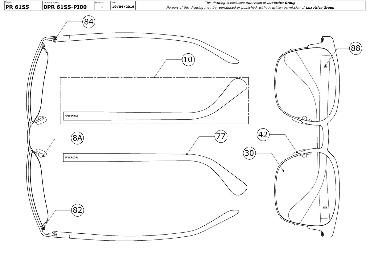 Exploded technical drawing of the Prada PR 61SS Replacement Parts, with each replacement part numbered