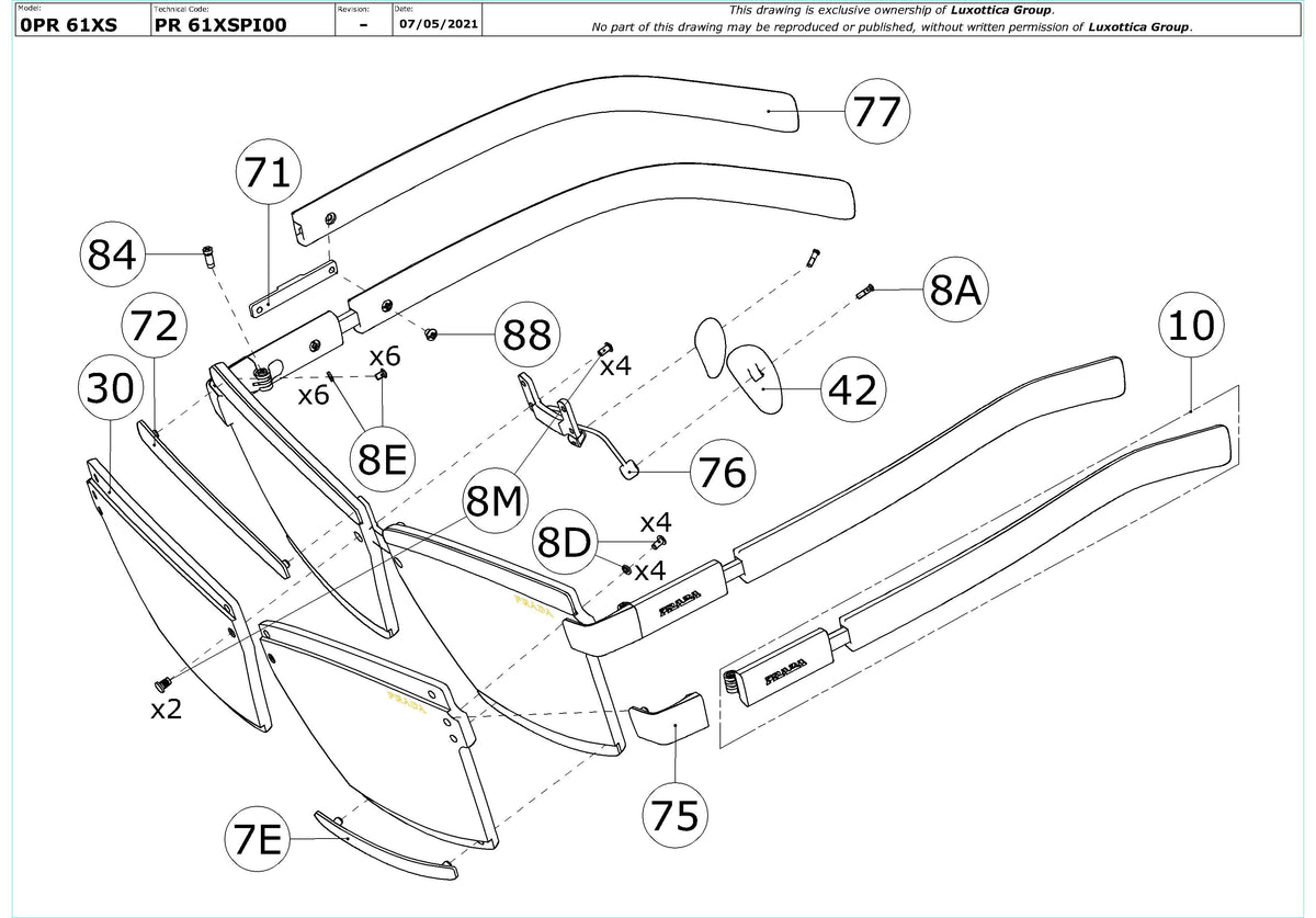 Enlarged technical drawing of the Prada PR 61XS Replacement Parts
