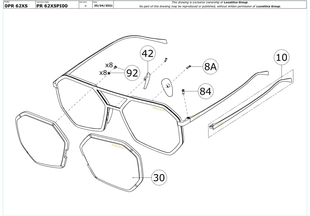Exploded technical drawing of the Prada PR 62XS Replacement Parts, with each replacement part numbered
