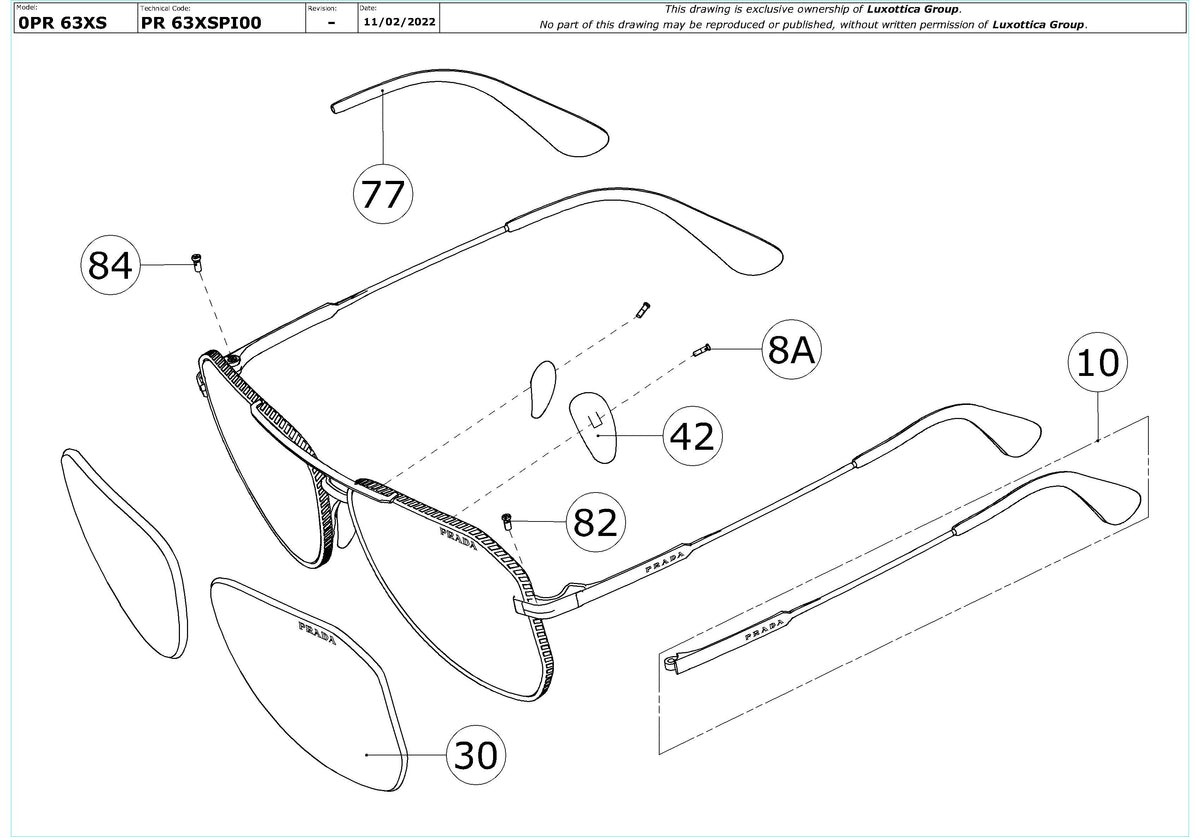 Exploded technical drawing of the Prada PR 63XS Replacement Parts, with each replacement part numbered