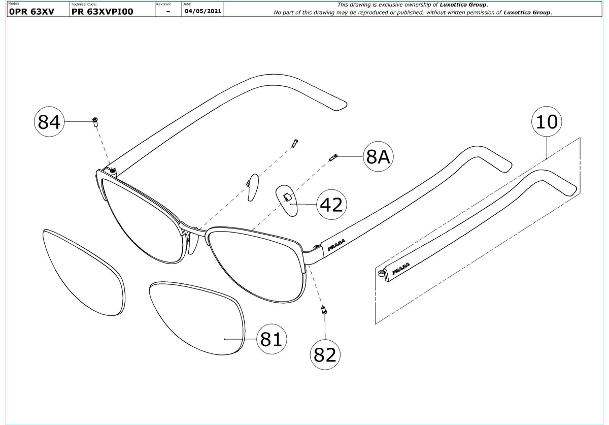 Enlarged technical drawing of the Prada PR 63XV Glasses Replacement Parts
