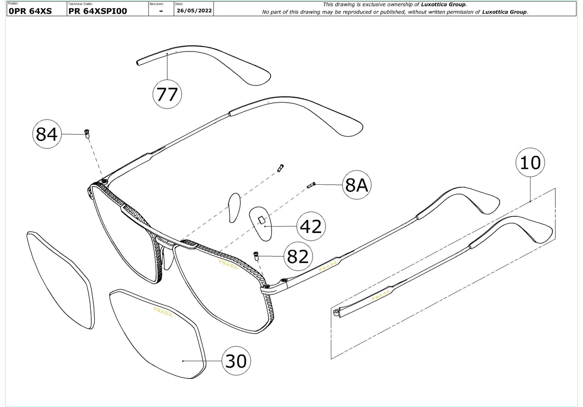 Enlarged technical drawing of the Prada PR 64XS Replacement Parts