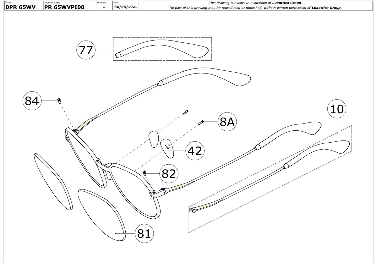 Enlarged technical drawing of the Prada PR 65WV Glasses Replacement Parts
