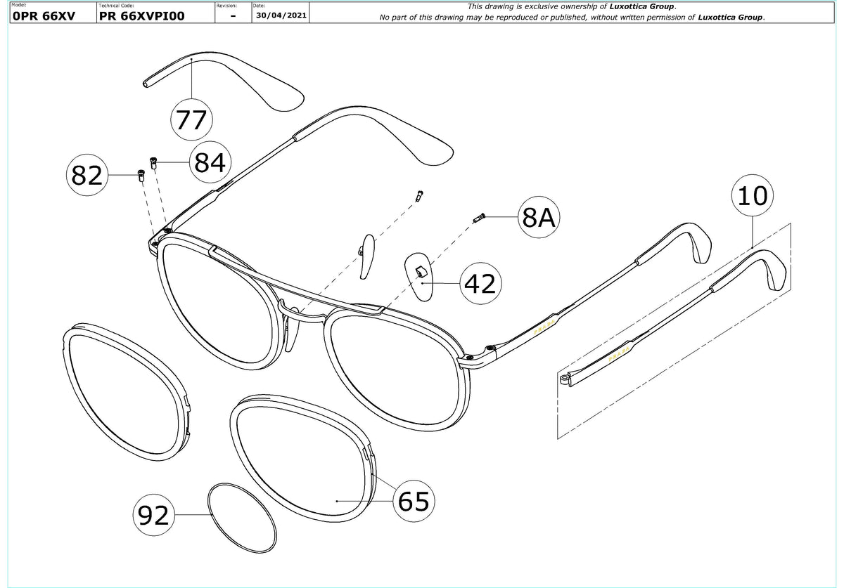 Enlarged technical drawing of the Prada PR 66XV Glasses Replacement Parts
