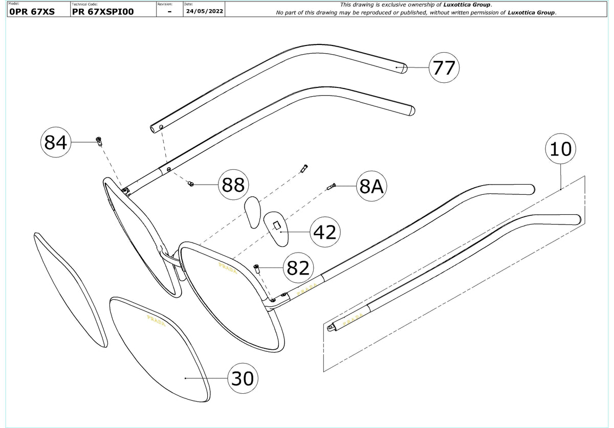 Enlarged technical drawing of the Prada PR 67XS Replacement Parts