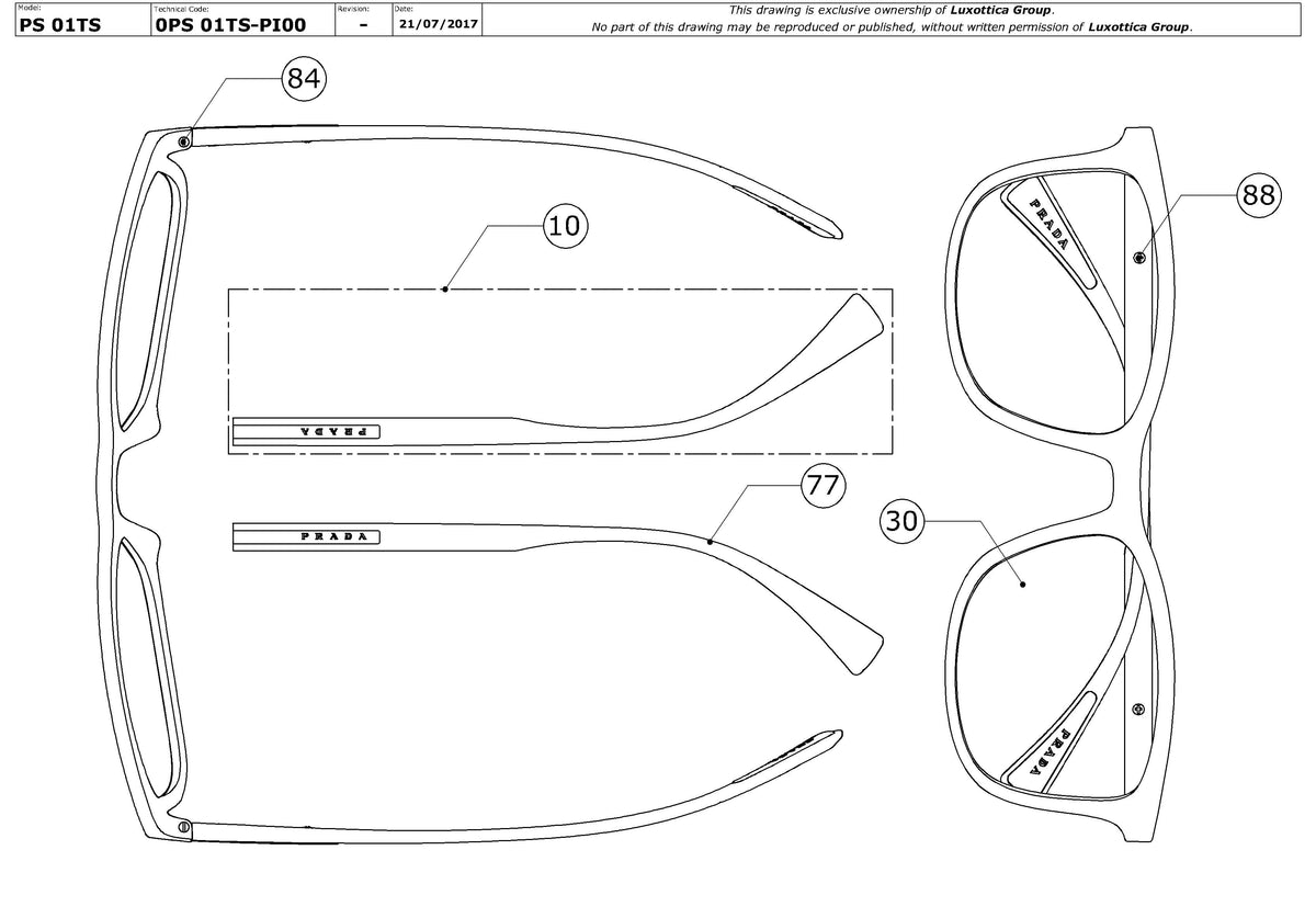 Enlarged technical drawing of the Prada Linea Rossa PS 01TS Replacement Parts