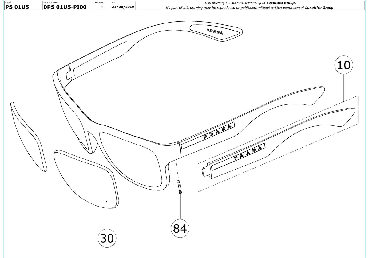 Exploded technical drawing of the Prada Linea Rossa PS 01US Replacement Parts, with each replacement part numbered