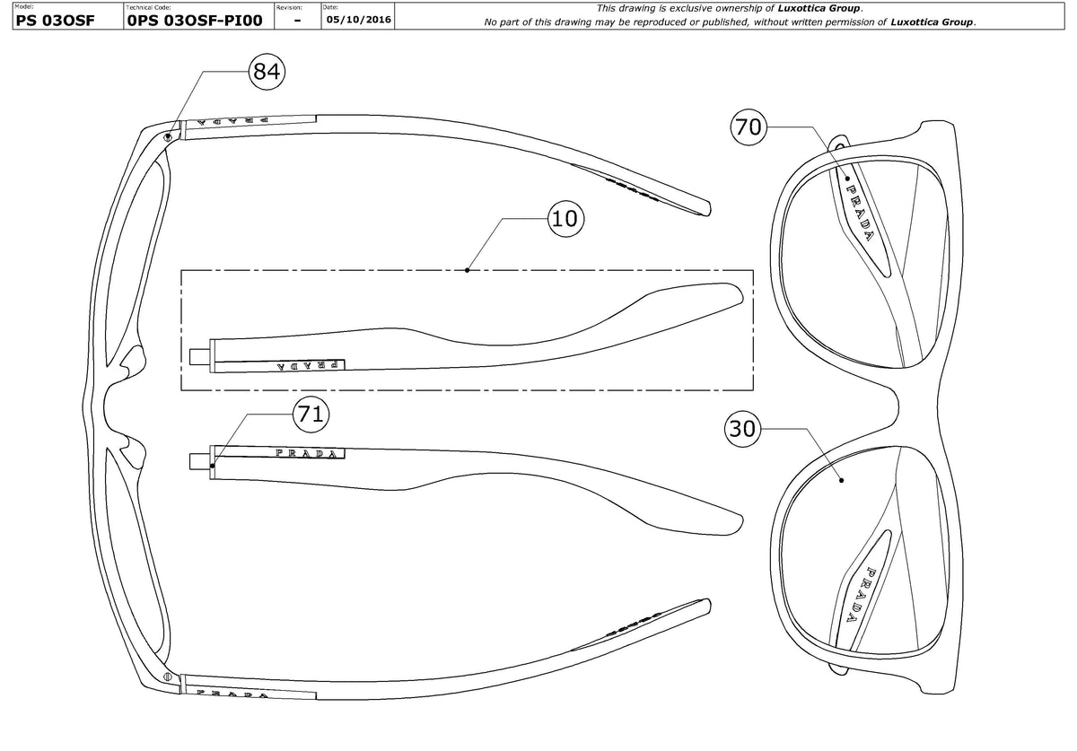 Enlarged technical drawing of the Prada Linea Rossa PS 03OS Replacement Parts